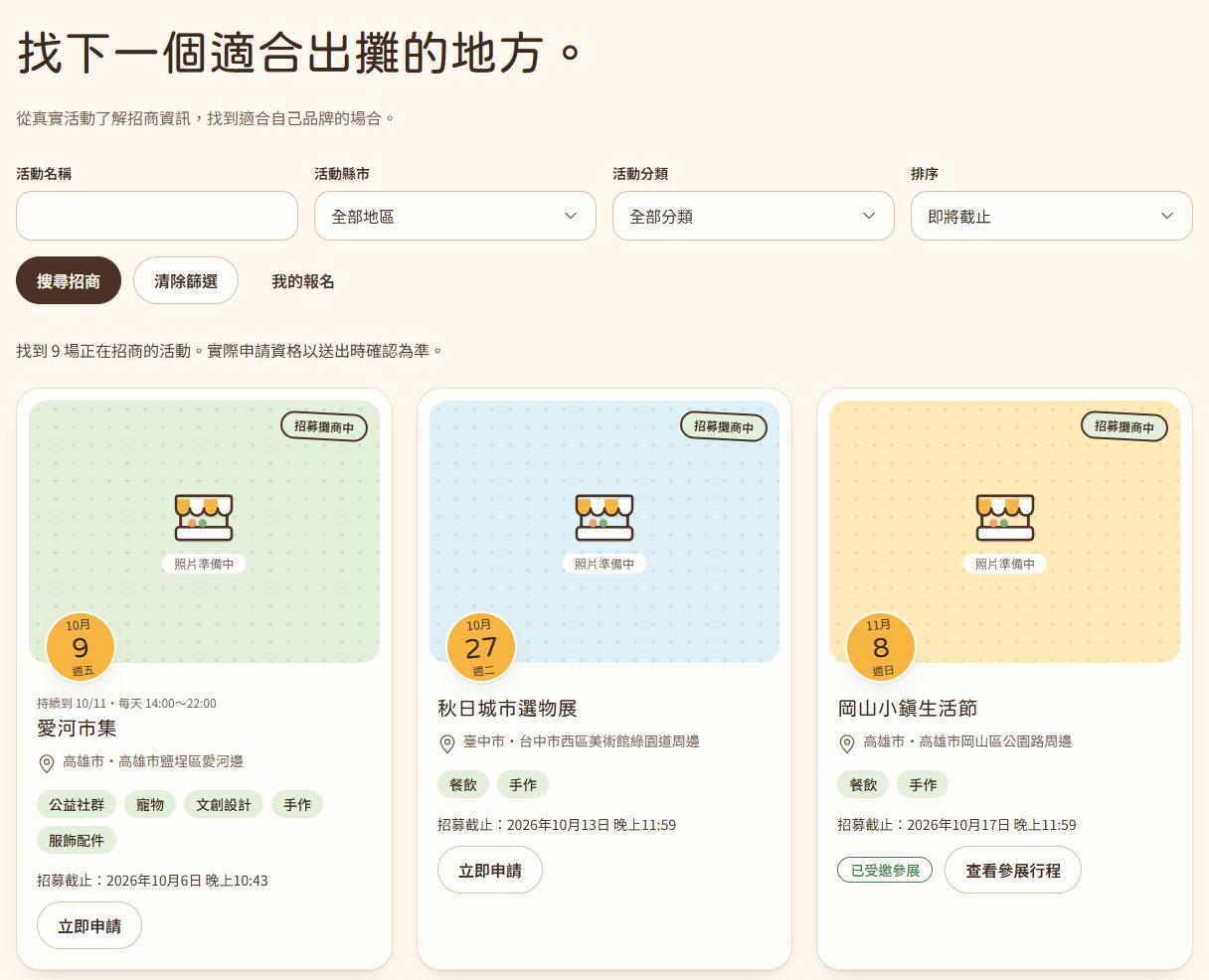 找出攤活動:依地區、分類篩選招商中的市集,活動卡標示招募截止與已受邀參展